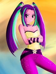 Size: 1200x1600 | Tagged: safe, artist:jabbie64, artist:kuya64, aria blaze, equestria girls, g4, my little pony equestria girls: rainbow rocks, arm bands, bare shoulders, belt buckle, clothes, crossed arms, female, pants, sleeveless, solo, strapless