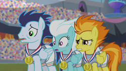 Size: 1266x720 | Tagged: safe, fleetfoot, soarin', spitfire, equestria games, g4, my little pony: friendship is magic, cringing, do not want, reaction image, shocked, surprised