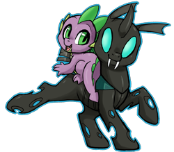 Size: 2285x2000 | Tagged: safe, artist:amphleur-de-lys, artist:starampharos, spike, thorax, changeling, g4, my little pony: friendship is magic, the times they are a changeling, cute, dragons riding changelings, duo, raised hoof, riding, simple background, smiling, spike riding thorax, transparent background