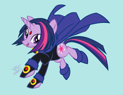 Size: 2700x2100 | Tagged: safe, artist:batangbatugan, twilight sparkle, pony, unicorn, g4, amulet, blue background, cloak, clothes, cosplay, costume, crossover, dc comics, female, gem, horn, jewelry, mare, raven (dc comics), shoes, signature, simple background, smiling, solo, teen titans, twiraven, unicorn twilight, voice actor joke