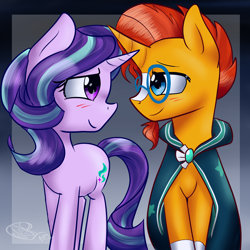 Size: 2000x2000 | Tagged: safe, artist:yoshiyoshi700, starlight glimmer, sunburst, pony, unicorn, g4, blushing, cloak, clothes, female, horn, looking at each other, looking at someone, male, mare, robe, ship:starburst, shipping, signature, simple background, smiling, stallion, straight, sunburst's cloak, wrong eye color