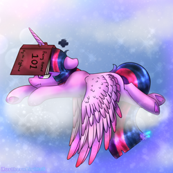 Size: 2000x2000 | Tagged: safe, artist:northlights8, twilight sparkle, alicorn, pony, g4, book, bored, cloud, female, floppy ears, grumpy, grumpy twilight, horn, horn impalement, lying down, prone, signature, solo, spread wings, twilight sparkle (alicorn), underhoof, wings