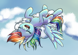 Size: 1200x848 | Tagged: safe, artist:moenkin, rainbow dash, pegasus, pony, g4, cloud, cloudy, drool, female, lying down, lying on a cloud, mare, on a cloud, sleeping, snoring, solo