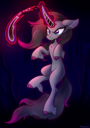 Size: 2400x3400 | Tagged: safe, artist:spindlespice, oleander (tfh), classical unicorn, pony, unicorn, them's fightin' herds, cloven hooves, commission, community related, dark background, dark magic, female, horn, leonine tail, magic, solo, tail, unshorn fetlocks