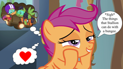 Size: 1280x720 | Tagged: safe, edit, edited screencap, screencap, geronimo, scootaloo, pegasus, g4, my little pony: friendship is magic, on your marks, the last crusade, age difference, female, heart, helmet, male, ship:scottronimo, speech bubble, straight, thought bubble