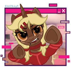 Size: 2048x2048 | Tagged: safe, artist:6hellboy9, oc, oc only, oc:kesha, unicorn, clothes, cosplay, costume, freckles, horn, miside, mita, unicorn oc