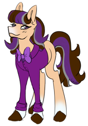 Size: 1139x1634 | Tagged: safe, artist:cupute, earth pony, pony, bangs, beige coat, blush lines, blushing, bowtie, brown hooves, brown mane, brown tail, button-up shirt, clothes, eye wrinkles, female, fluffy hair, full body, gradient hooves, gradient muzzle, headcanon in the description, looking at you, multicolored hair, multicolored mane, multicolored tail, png, purple eyes, shirt, simple background, smiling, smirk, solo, solo female, tail, thin legs, transparent background, unnamed character, unnamed pony, wild manes