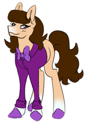 Size: 1139x1634 | Tagged: safe, artist:cupute, earth pony, pony, bangs, beige coat, blush lines, blushing, bowtie, brown mane, brown tail, button-up shirt, clothes, eye wrinkles, female, fluffy hair, full body, gradient hooves, gradient muzzle, headcanon in the description, looking at you, png, purple eyes, purple hooves, shirt, simple background, smiling, smirk, solo, solo female, tail, thin legs, transparent background, unnamed character, unnamed pony, wild manes