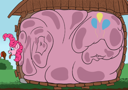 Size: 1754x1240 | Tagged: safe, artist:bun_burst, pinkie pie, earth pony, pony, g4, belly, belly bed, big belly, blob, commission, fat, fat fetish, feedee, feeding, female, fetish, food, huge belly, huge butt, impossibly large belly, impossibly large butt, inflation, large butt, morbidly obese, obese, smiling, solo, solo female, stuffed, stuffed belly, stuffing