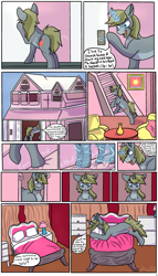 Size: 2000x3500 | Tagged: safe, artist:deadsmoke, oc, oc:alabaster, unicorn, comic:sweet morning wood, architecture, bed, bedroom, comic, commission, horn, house, hug, magic, pillow, pillow hug, smiling, stairs, tail, tail wag