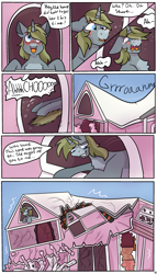 Size: 2000x3500 | Tagged: safe, artist:deadsmoke, oc, oc:alabaster, unicorn, comic:sweet morning wood, architecture, comic, commission, furniture abuse, groan, horn, house, smiling, sneezing