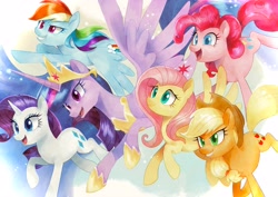 Size: 4093x2894 | Tagged: safe, artist:pinweena30, applejack, fluttershy, pinkie pie, rainbow dash, rarity, twilight sparkle, alicorn, earth pony, pegasus, pony, unicorn, g4, future twilight, horn, open mouth, open smile, smiling