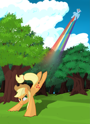 Size: 1289x1780 | Tagged: safe, artist:agreylongma, applejack, rainbow dash, earth pony, pegasus, pony, g4, applejack's hat, cloud, cowboy hat, female, field, hat, mare, rainbow trail, tree, wings