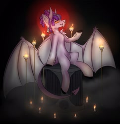 Size: 2090x2160 | Tagged: safe, artist:ashel_aras, oc, oc only, bat pony, demon, demon pony, pony, altar, candle, commission, demon wings, devil tail, dreadlocks, horns, nose piercing, piercing, septum piercing, solo, tail, wings