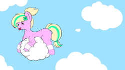 Size: 3840x2160 | Tagged: safe, alternate version, artist:sweetshadow, oc, oc only, oc:emerald bubble, earth pony, pony, :p, clothes, cloud, female, flower, flower in hair, freckles, leg warmers, looking at you, lying down, lying on a cloud, on a cloud, one eye closed, sky, solo, solo female, tongue out, wink