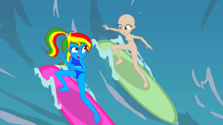 Size: 3496x1968 | Tagged: safe, artist:emperor-anri, artist:shieldwingarmorofgod, oc, oc only, oc:royal strength, blue crushed, equestria girls, g4, my little pony equestria girls: better together, bald, barefoot, base, base used, beach, belly, belly button, bikini, blue skin, clothes, duo, eyelashes, feet, female, midriff, ocean, one-piece swimsuit, outdoors, ponytail, solo, surfboard, surfing, swimsuit, water, wave