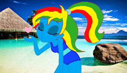 Size: 994x574 | Tagged: safe, artist:fernandash, artist:shieldwingarmorofgod, artist:yaya54320bases, oc, oc only, oc:royal strength, equestria girls, g4, beach, beautiful, blowing a kiss, blue skin, clothes, eyes closed, female, kissing, midriff, one-piece swimsuit, ponytail, sexy, solo, swimsuit