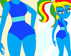 Size: 2854x2233 | Tagged: safe, artist:darkplayerferraz269, artist:shieldwingarmorofgod, oc, oc only, oc:royal strength, equestria girls, g4, ass, blue skin, breasts, butt, clothes, female, midriff, mirror, one-piece swimsuit, ponytail, solo, swimsuit