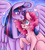 Size: 1700x1905 | Tagged: safe, artist:ruusukultakruunu, pinkie pie, twilight sparkle, alicorn, earth pony, pony, g4, blush lines, blushing, chest fluff, curved horn, duo, duo female, female, heart, heart eyes, horn, lesbian, looking at each other, looking at someone, one eye closed, raised hoof, ship:twinkie, shipping, spread wings, tongue out, twilight sparkle (alicorn), wingding eyes, wings