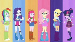 Size: 1280x720 | Tagged: safe, artist:selenaede, artist:sidneysixx, artist:theorybrony, applejack, fluttershy, pinkie pie, rainbow dash, rarity, sci-twi, twilight sparkle, equestria girls, g4, alternate hairstyle, applejack's hat, base used, boots, clothes, clothes swap, cowboy hat, crystal prep academy uniform, female, glasses, hat, high heel boots, humane five, humane six, mane six, rainbow socks, school uniform, shoes, skirt, socks, striped socks, tank top, what my cutie mark is telling me