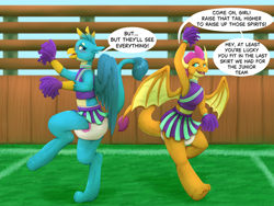 Size: 2000x1500 | Tagged: safe, artist:secret_desires, gallus, smolder, dragon, griffon, anthro, g4, alternate universe, cheerleader, cheerleader outfit, cheerleading, clean diaper, clothes, crossdressing, dancing, diaper, diaper fetish, diapered, dragoness, female, fence, fetish, grass, male, non-baby in diaper, outdoors, school of friendship, skirt, speech bubble