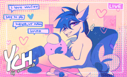 Size: 3341x2016 | Tagged: safe, artist:chamommile, pony, any gender, any race, any species, chat, commission, cute, halfbody, live, livestream, looking at you, micro, microphone, sitting, smiling, smiling at you, solo, streamer, streamers, your character here