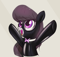 Size: 1280x1220 | Tagged: safe, artist:vultraz, edit, editor:anonymous, octavia melody, earth pony, pony, g4, /mlp/ latex requests, beige background, female, gimp suit, latex, latex suit, mare, png, rainbowshining, seams, simple background, smiling, snowpity