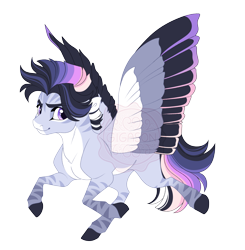 Size: 4129x4219 | Tagged: safe, artist:gigason, oc, oc:moonbow, zebra, zebrasus, absurd resolution, colored wings, magical lesbian spawn, male, multicolored wings, offspring, parent:rainbow dash, parent:zecora, simple background, solo, transparent background, wings