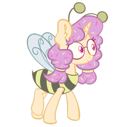 Size: 1926x1927 | Tagged: safe, artist:cupute, oc, oc:fluffy dough, pony, unicorn, animal costume, antennae, bee costume, big ears, clothed ponies, clothes, costume, ear fluff, female, food, forced smile, glasses, horn, insect wings, looking to the left, mare, pigtails, pink eyes, png, purple mane, show accurate, silly, silly pony, simple background, smiling, solo, solo female, sprinkles, striped horn, transparent background, trotting, wings, yellow coat