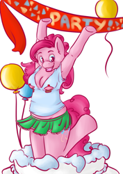 Size: 723x1023 | Tagged: safe, artist:skywriter, pinkie pie, anthro, unguligrade anthro, g4, 2011, balloon, breasts, cleavage, clothes, old art, open mouth, skirt