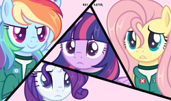 Size: 1843x1080 | Tagged: safe, artist:nay_kater, fluttershy, rainbow dash, rarity, twilight sparkle, alicorn, pegasus, pony, unicorn, g4, alternate hairstyle, clothes, crossover, female, horn, jacket, mare, shirt, squid game, squid game 2, t-shirt, twilight sparkle (alicorn)