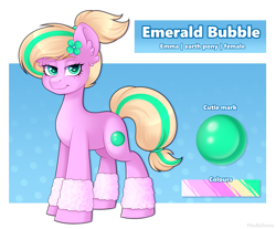 Size: 4076x3371 | Tagged: safe, artist:madelinne, oc, oc only, oc:emerald bubble, earth pony, pony, clothes, female, flower, flower in hair, leg warmers, looking at you, mare, ponytail, reference sheet, solo