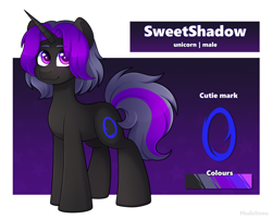 Size: 4076x3272 | Tagged: safe, artist:madelinne, oc, oc only, oc:sweet shadow, pony, unicorn, horn, looking at you, male, reference sheet, solo, stallion