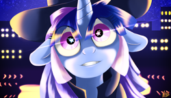 Size: 3348x1920 | Tagged: safe, artist:jphyperx, oc, oc:flawless sparklemoon, pony, unicorn, my little pony the movie - shattered harmony, city, cityscape, female, fusion, fusion:trixie, fusion:twilight sparkle, fusion:twixie, grin, hat, horn, looking at you, mare, outdoors, smiling, solo, staring into your soul, starry eyes, starry night, top hat, water, wingding eyes