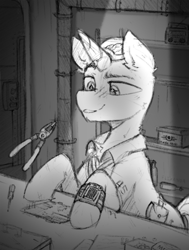 Size: 545x720 | Tagged: safe, artist:flixanoa, oc, oc only, oc:bit shift, pony, unicorn, fallout equestria, brain, clothes, electronics, grayscale, horn, jumpsuit, monochrome, organs, pipbuck, shading, sketch, smiling, sparkles, sparkly eyes, stable (vault), vault suit, wingding eyes