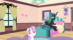 Size: 3500x1960 | Tagged: artist needed, safe, anonymous artist, artist:drewklettke, artist:gloominosity, artist:sunran80, queen chrysalis, sweetie belle, changeling, changeling queen, pony, unicorn, bed, bedroom, bugbutt, butt, chrysa-belle, chrysalass, crack shipping, cute, cutealis, dialogue in the description, diasweetes, duo, eyeshadow, female, filly, foal, grin, heart, heart eyes, horn, lesbian, looking at each other, looking at someone, looking back, lying down, makeup, on bed, shipping, smiling, smiling at each other, stupid sexy chrysalis, sultry pose, tail hanging, this will end in hugs, this will end in kisses, this will end in love, want it need it, wingding eyes