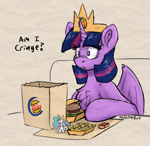 Size: 1313x1274 | Tagged: safe, artist:reddthebat, princess celestia, twilight sparkle, alicorn, pony, g4, bag, burger, burger king, burger king crown, bust, chest fluff, dialogue, ear fluff, female, food, french fries, ketchup, mare, paper bag, paper crown, sauce, signature, solo, toy, twilight burgkle, twilight sparkle (alicorn)