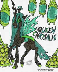 Size: 3257x4067 | Tagged: safe, artist:artistnjc, queen chrysalis, changeling, changeling queen, g4, antagonist, changeling egg, character name, claws, cocoon, colored, imprisoned, looking at you, raised leg, sharp teeth, signature, simple background, slime, smiling, smiling at you, solo, teeth, traditional art