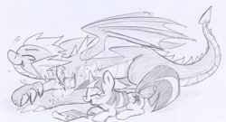 Size: 1280x692 | Tagged: safe, artist:skutchi, part of a set, spike, twilight sparkle, dragon, pony, unicorn, g4, cute, duo, duo male and female, eyes closed, female, horn, levitation, lying down, magic, male, mama twilight, older, older spike, open mouth, open smile, orange background, prone, quill, scroll, simple background, smiling, spikabetes, teenage spike, teenaged dragon, teenager, telekinesis, tickling, twiabetes, unicorn twilight, winged spike, wings