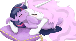 Size: 1024x557 | Tagged: artist needed, safe, princess celestia, twilight sparkle, pony, unicorn, g4, blushing, cuddling, duo, duo female, eyes closed, female, horn, mare, pillow, pink hair