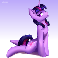 Size: 3000x3000 | Tagged: safe, artist:divori, twilight sparkle, pony, unicorn, g4, chest fluff, ear fluff, female, gradient background, horn, mare, one eye closed, solo, unicorn twilight, wink