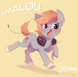 Size: 2781x2772 | Tagged: safe, artist:stepandy, oc, oc only, oc:cookie malou, earth pony, pony, blushing, ear fluff, female, happy, headphones, high res, mare, open mouth, open smile, raised hoof, raised leg, simple background, smiling, solo, standing on two hooves, unshorn fetlocks