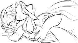 Size: 1280x715 | Tagged: safe, artist:sweethd, applejack, rainbow dash, g4, applejack's hat, cowboy hat, female, females only, hat, kissing, lesbian, monochrome, ship:appledash, shipping, sketch