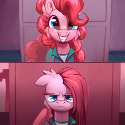 Size: 2250x2240 | Tagged: safe, artist:candy meow, pinkie pie, earth pony, pony, g4, bags under eyes, clothes, female, grumpy, happy, mare, meme, meme template, pinkamena diane pie, ponified, ponified meme, solo, squid game, squid game 2, unhappy