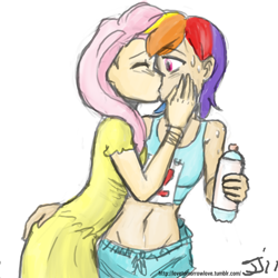 Size: 1280x1280 | Tagged: safe, artist:johnjoseco, color edit, edit, fluttershy, rainbow dash, human, g4, belly, belly button, clothes, colored, dress, female, grayscale, humanized, kissing, lesbian, midriff, monochrome, ship:flutterdash, shipping, sports bra