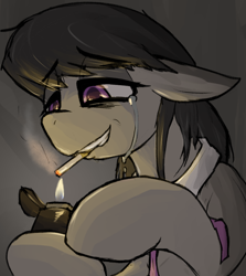 Size: 746x835 | Tagged: safe, artist:candel, octavia melody, earth pony, pony, g4, cigarette, collar, crying, female, lighter, mare, messy mane, redraw, sad, smiling, smoking, solo, tears of pain