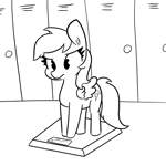 Size: 1152x1152 | Tagged: safe, artist:tjpones, rainbow dash, pegasus, pony, g4, black and white, female, frustrated, grayscale, heavy, implied weight gain, indoors, locker room, monochrome, scale, solo