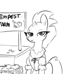 Size: 1152x1152 | Tagged: safe, artist:tjpones, fizzlepop berrytwist, tempest shadow, pony, g4, apple, broken horn, clothes, farmer, female, food, grayscale, horn, lidded eyes, monochrome, outdoors, scar, solo, stall