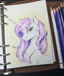 Size: 3000x3532 | Tagged: safe, artist:sierraex, fleur-de-lis, pony, unicorn, g4, female, high res, horn, mare, photo, smiling, traditional art, watercolor painting