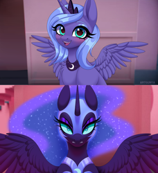 Size: 4096x4498 | Tagged: safe, artist:gunya, nightmare moon, princess luna, alicorn, pony, g4, duo, female, looking at you, meme, s1 luna, squid game